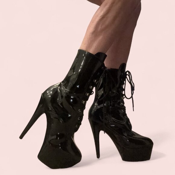 Ellie Shoes Angela 7" Heel Ankle Boots Platform Zipper Laceup Sz 9 Black - Picture 3 of 7